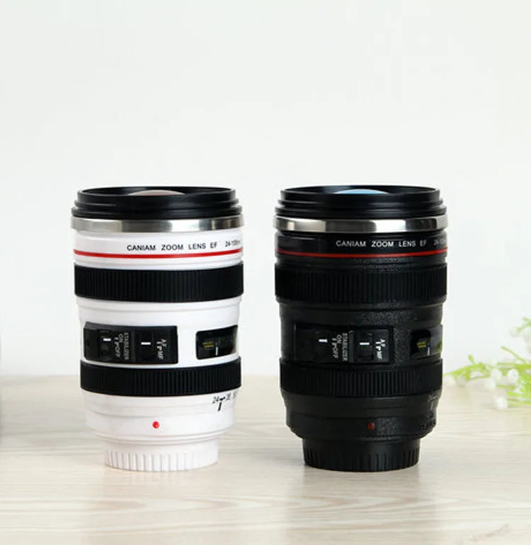 Sixth Generation Creative Camera Lens Shape Stainless Steel Coffee Mug 350ml Capacity with Spoon for Cafe Juice Bubble Tea