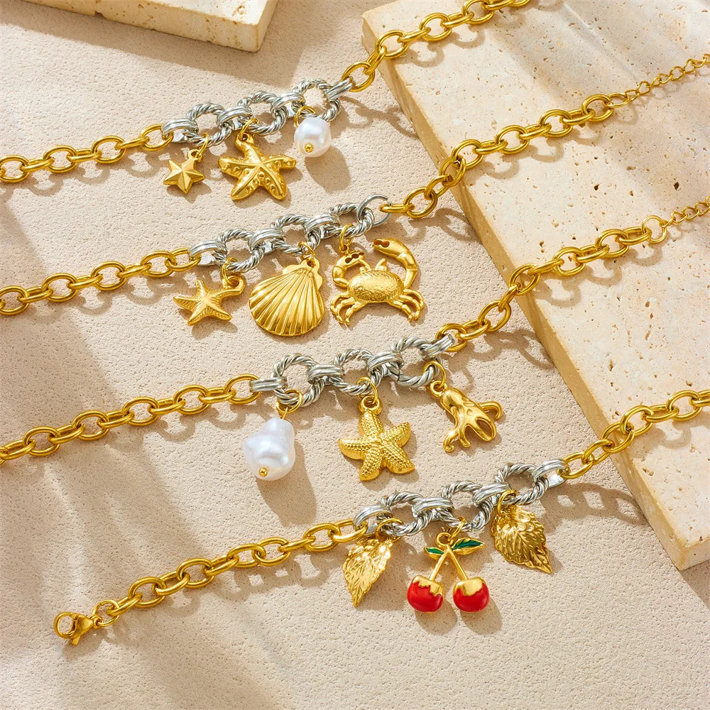Tarnish Free Stainless Steel 18k Pvd Gold Plated Cherry Charm Bracelet Thick Chain Marine Life Charm Bracelet for Women