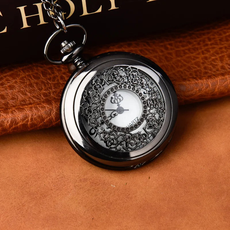 Vintage Bronze Hollow Flower Steampunk Necklace Pendant New Antique Pocket Watch with Quartz Movement for Men and Women