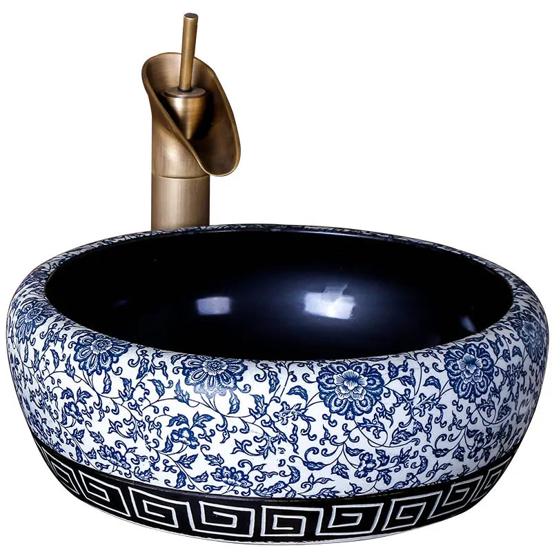 Jingdezhen Factory Direct Round Blue and White Bathroom Porcelain Sink Basin Ceramic Outdoor Washbasin