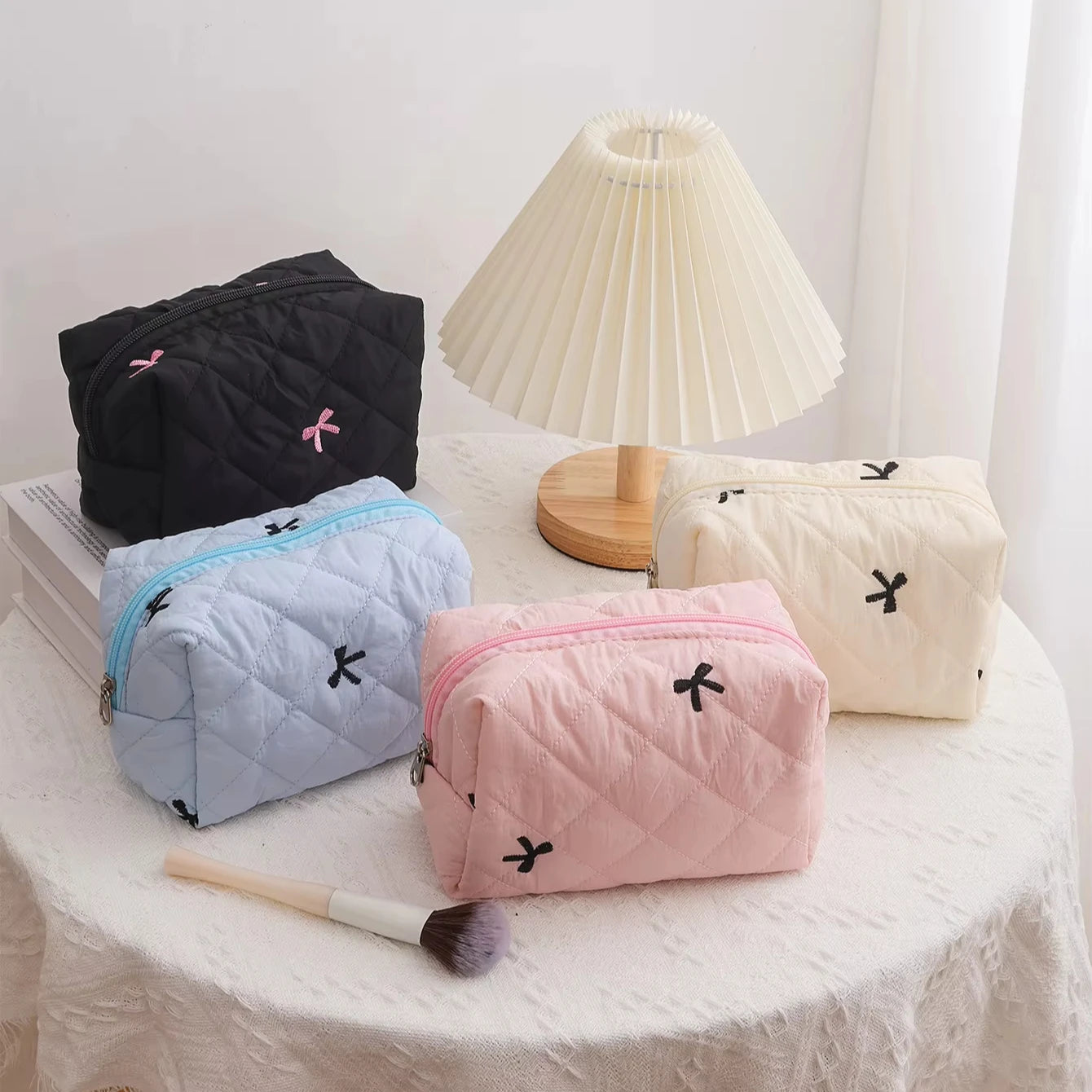 Korean Version Personalized Luxury Pink Bow Cosmetic Bag with Zipper Closure Soft Fashion Style Case for Travel Beauty Makeup
