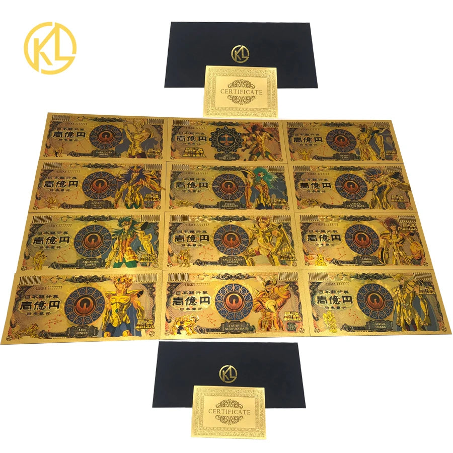 12*2 Designs Japan Anime Golden Saint Seiya 10000 Yen Gold Plastic Collective Banknotes Collection
