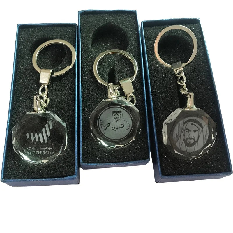 Customized LED Transparent Stainless Steel Middle East Tourist Souvenir Flag Keychain Crystal Key Holder for Promotion