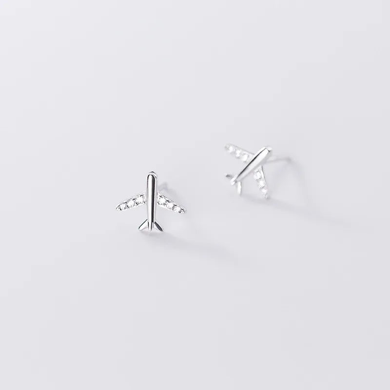Real 925 Sterling Silver Pave Zircon Mini Aircraft Airplane Small Stud Earrings for Fashion Women Jewelry Accessories