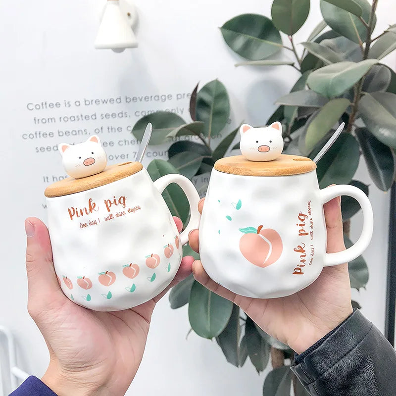 Zogifts 400Ml Creative Action Figure Cartoon Pig Ceramic With Lid and Spoon Kawaii Milk Coffee Tea Cup Sailor Moon Mug