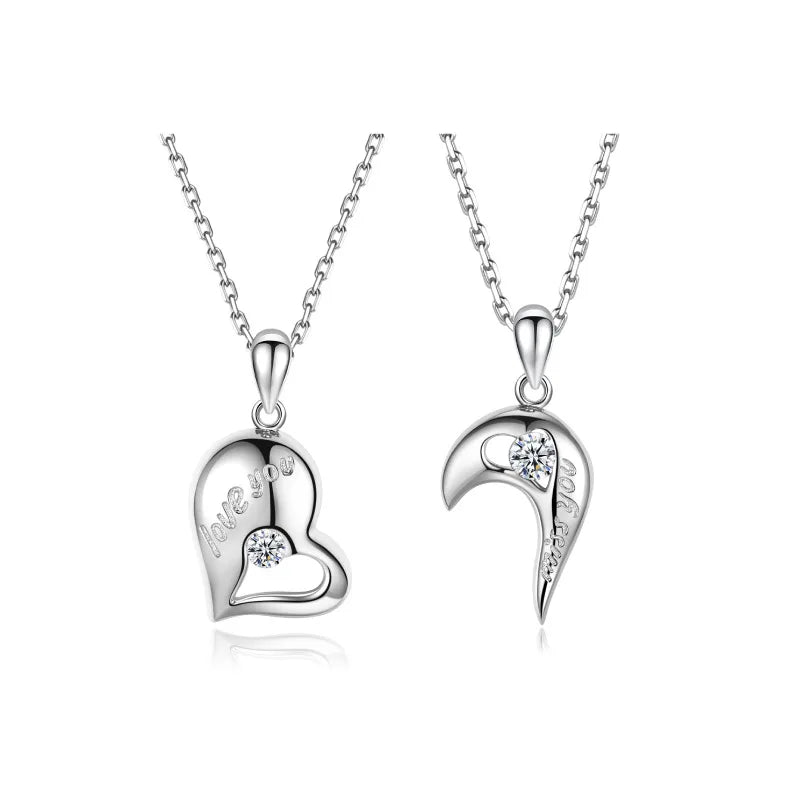 New Zircon S925 Sterling Silver Love Lovers Necklace Chain Diamond Love Heart Pendant Necklace for Couples