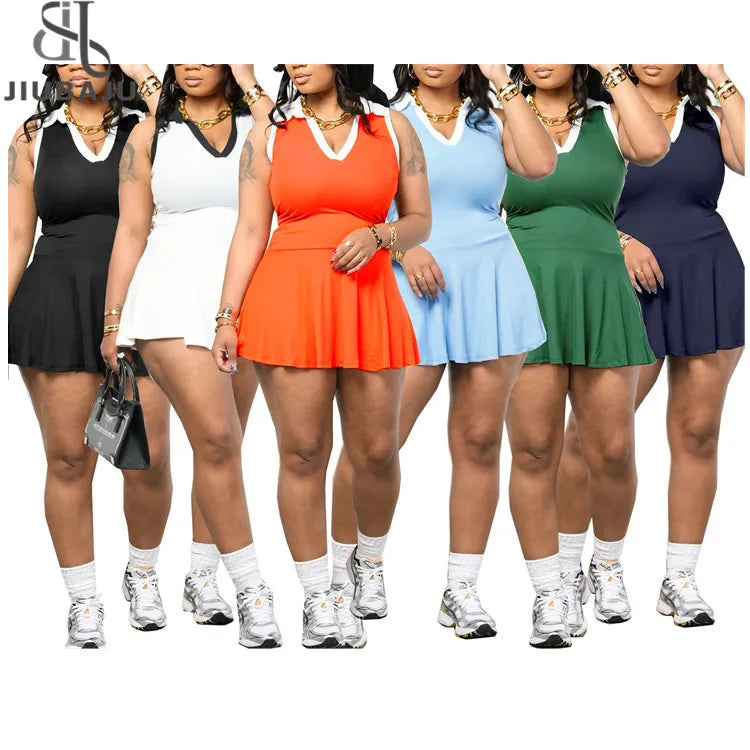 Women Patchwork Turn-down Polo-collar Sleeveless Tank Mini Dress 2025 Active Sporty Fitness Dresses