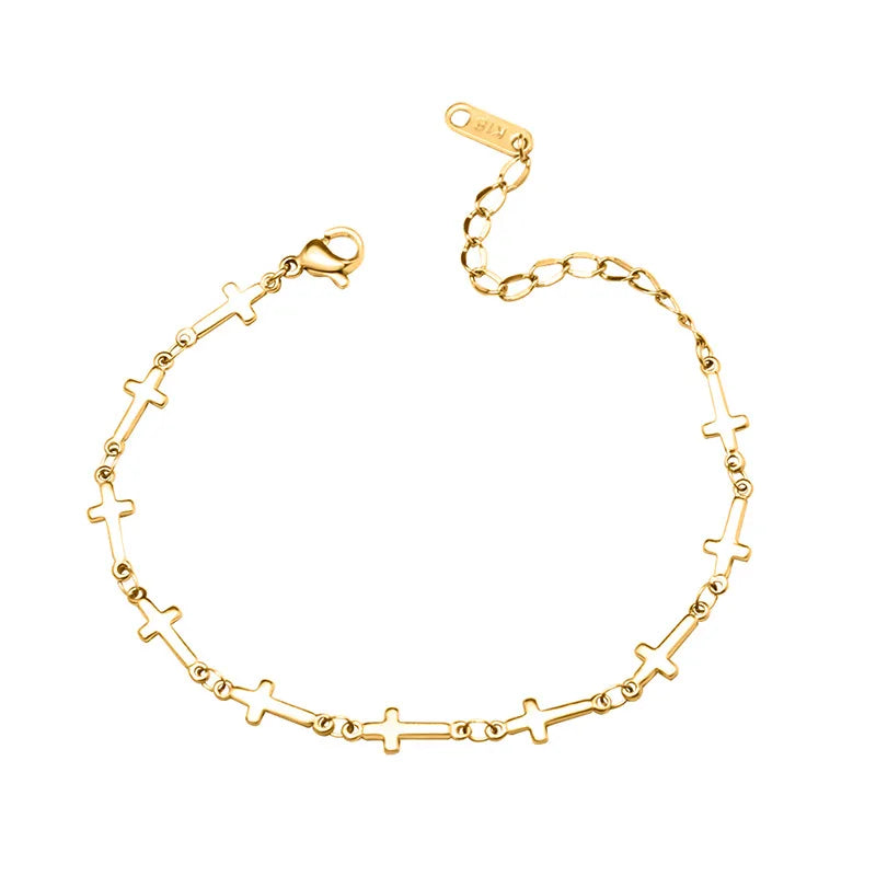 Korean Ins Thick Chain Cross Charm Pendant Bracelet 18K Gold Plated Jewelry for Women Stainless Steel