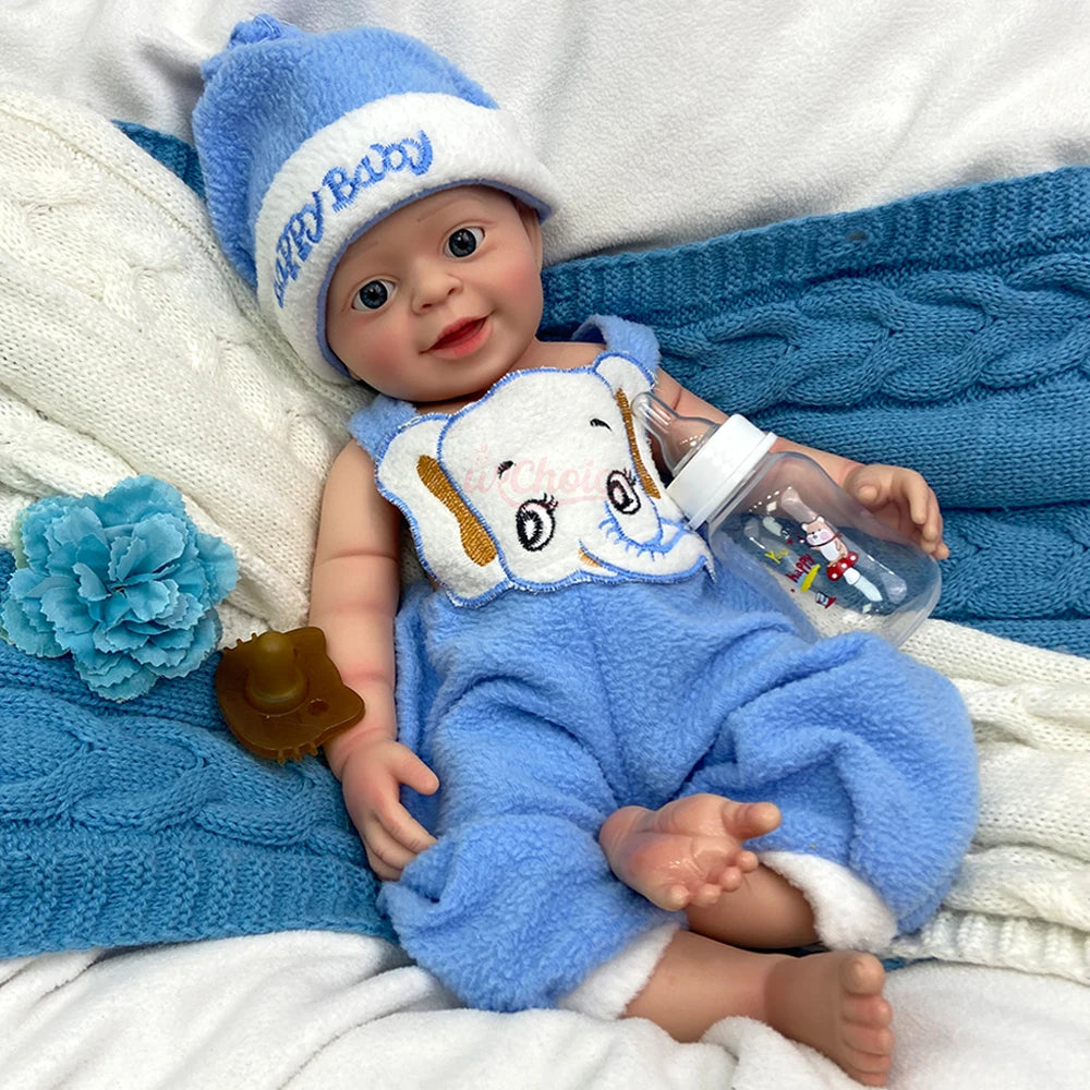 Anatomically Correct 18 Inch Full Solid Silicone Reborn Baby Open Mouth Boy Doll with Big Eyes Small Kids Toy Xmas Gifts
