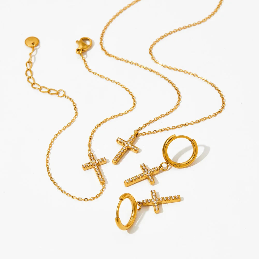 Wholesale Luxury 18k Gold-plated Stainless Steel diamond Cross Pendant Necklace Earring Bracelet Women's Fashion Jewelry Set