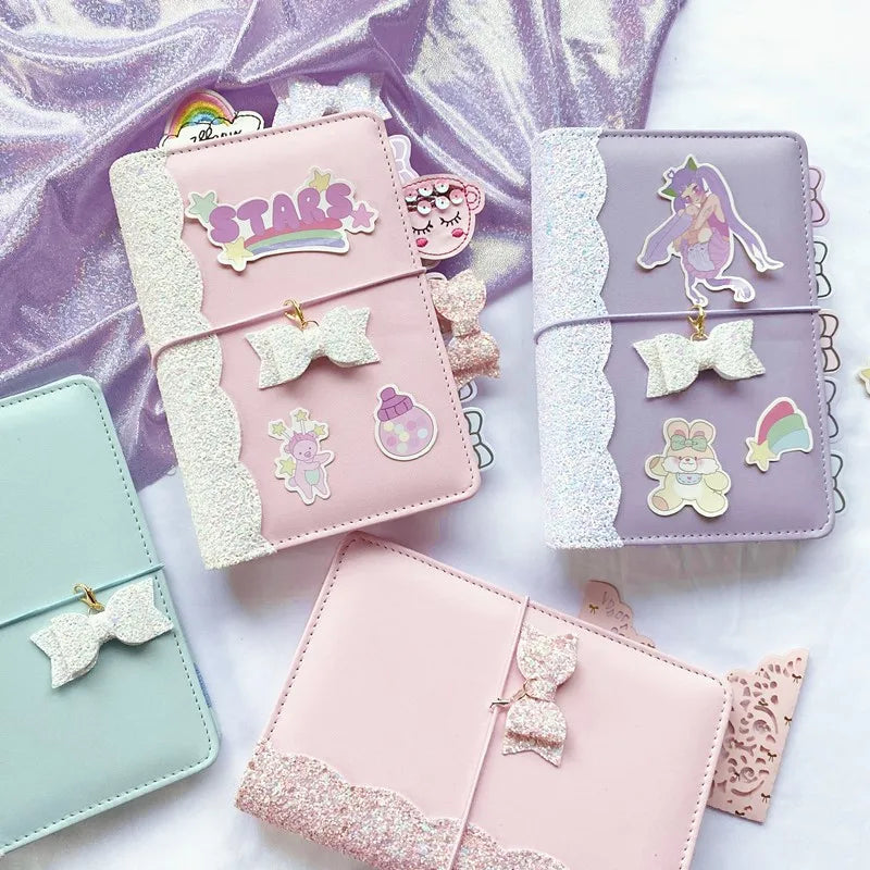 Creative Strap Hand Book Set Sequins 6 Rings Binder Refillable Loos-leaf Notebooks Cute Girl PU Notebook A6