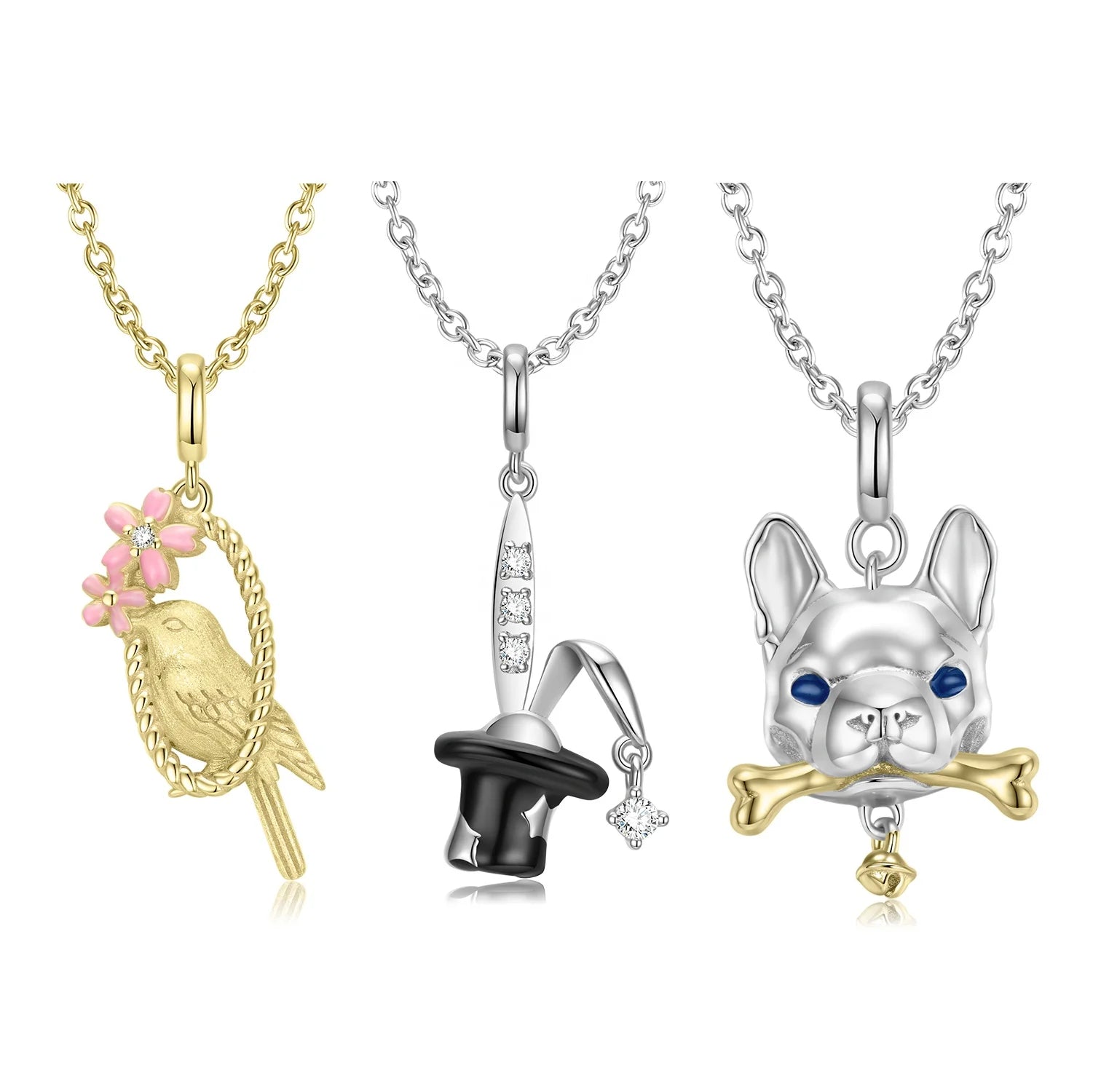 Golden Bird Pendant for Necklace Real 925 Sterling Silver Bunny Ears Hat CZ Pendant Animal Dog Necklaces for Women Fine Jewelry