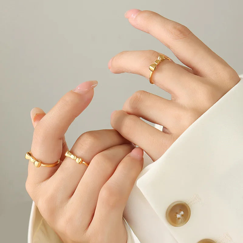 Custom Temperament Stainless Steel 18K Real Gold Plating Little Bowknot Open Adjustable Tail Ring Water Resistant for Woman