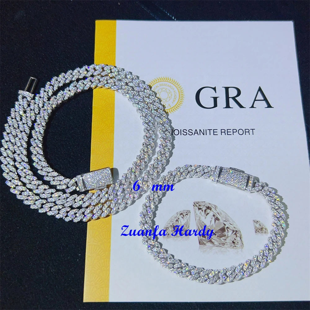 Custom 6mm 8mm 10mm  6" 6.5" 7" 7.5" 8" 8.5" 9 Inches Cuban Bracelet Necklace VVS GRA Certified Moissanite Cuban Link Bracelet