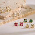 Vintage Luxury Copper Inset Zircon Stud Earrings Thin Rod Mini Square Four Leaf Clover Earrings for Women