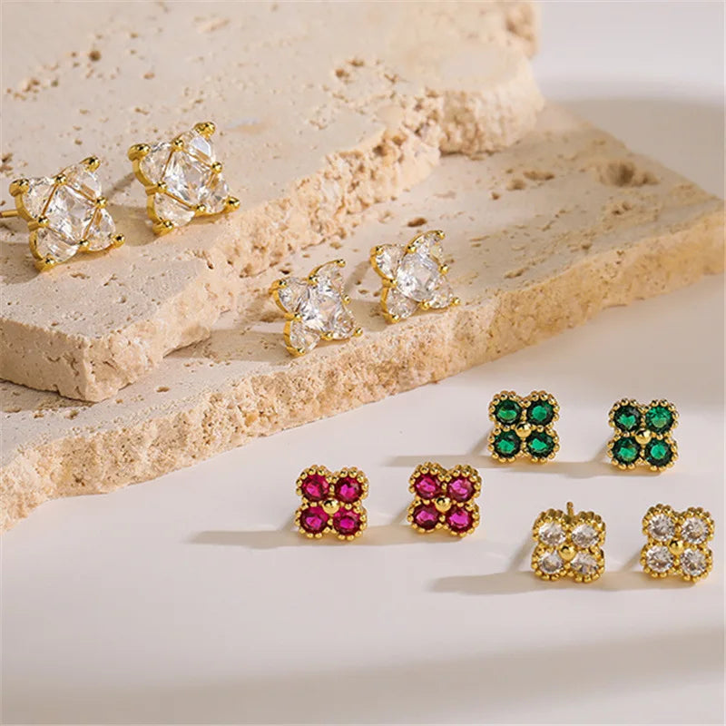 Vintage Luxury Copper Inset Zircon Stud Earrings Thin Rod Mini Square Four Leaf Clover Earrings for Women