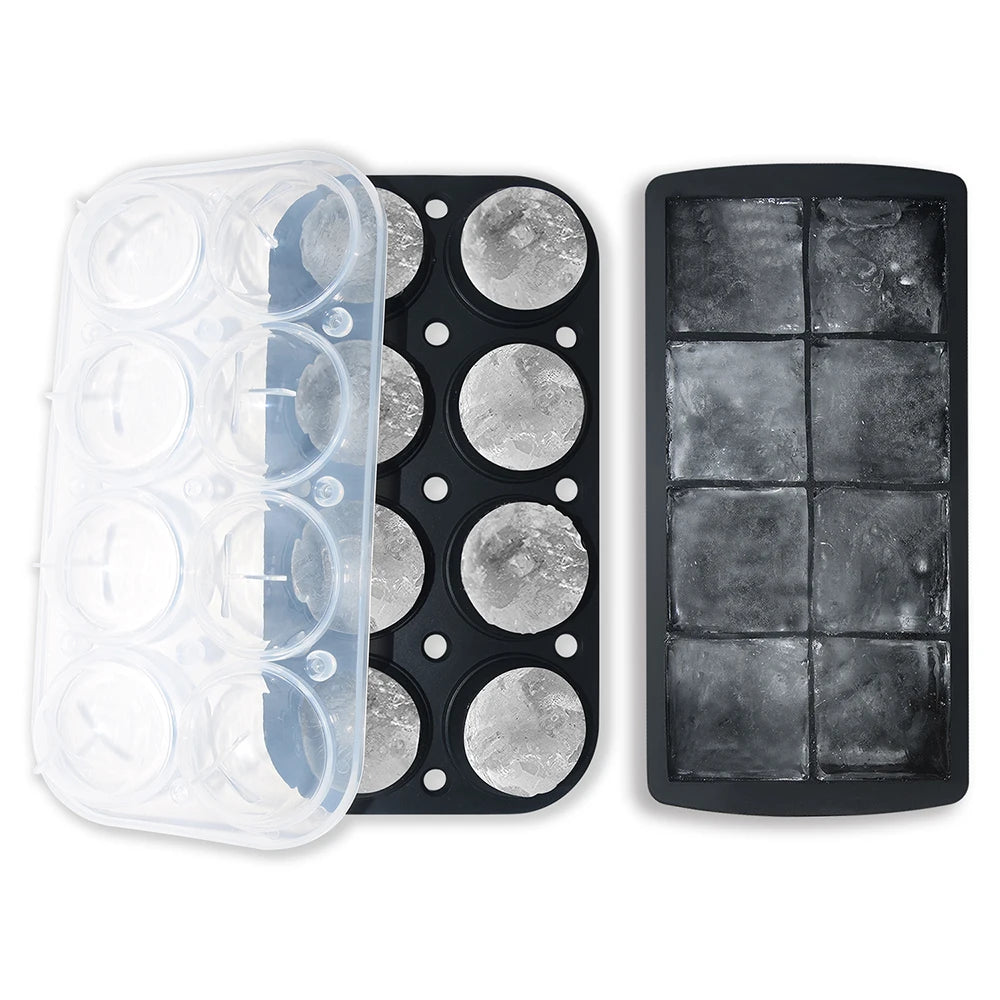 Large and Flexible Set of 2 Silicone Ice Cube Tray With Holder and 8 Cavity Sphere Ice Ball Maker Mold with Lid for Whiskey