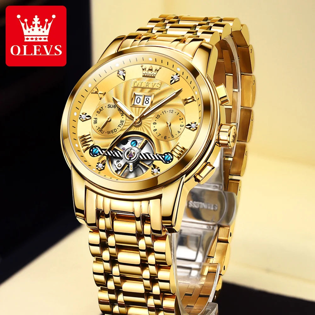 OLEVS 9910 Hot Sell Men Mechanical Automatic Steel Strap Waterproof Tourbillon Luminous Rugged Date Display Business Watch