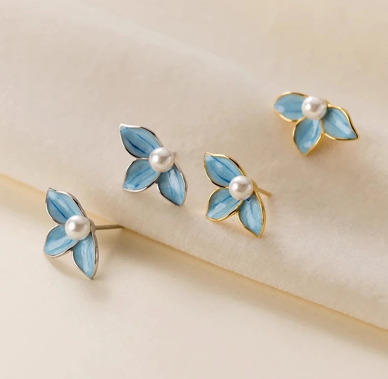 New Design 925 Sterling Silver Faux Pearl Blue Dripping Flower Dainty Stud Earrings for Women Girls Cute Jewelry M02375