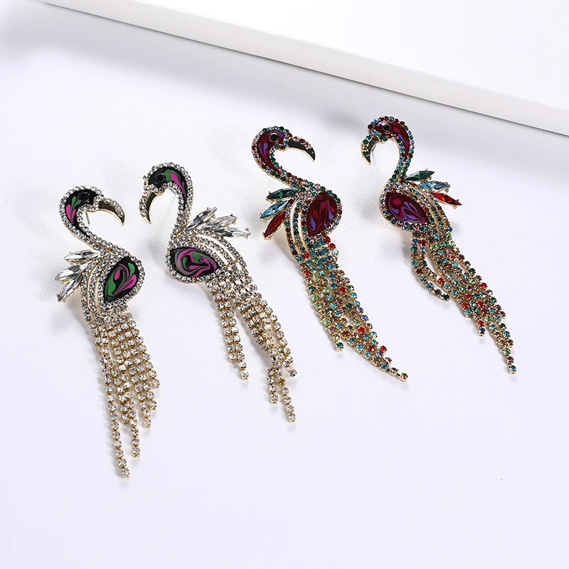 Personality Statement Claw Chain Animals Stud Earrings Women Sparkle Rhinestone Crystal Bird Tassel Earrings