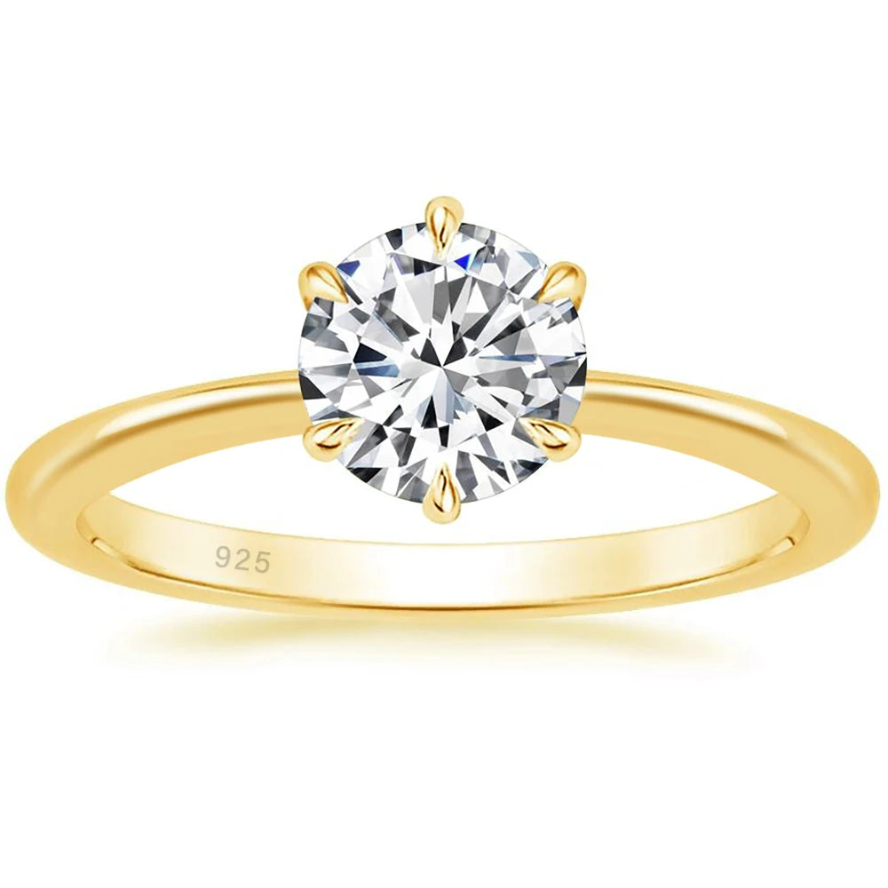 OAHLAN Fashion Jewelry 925 Sterling Silver Ring 14K Gold Plated 1 Ct Solitaire Round 5A CZ Women Engagement Bands Six Prong Ring