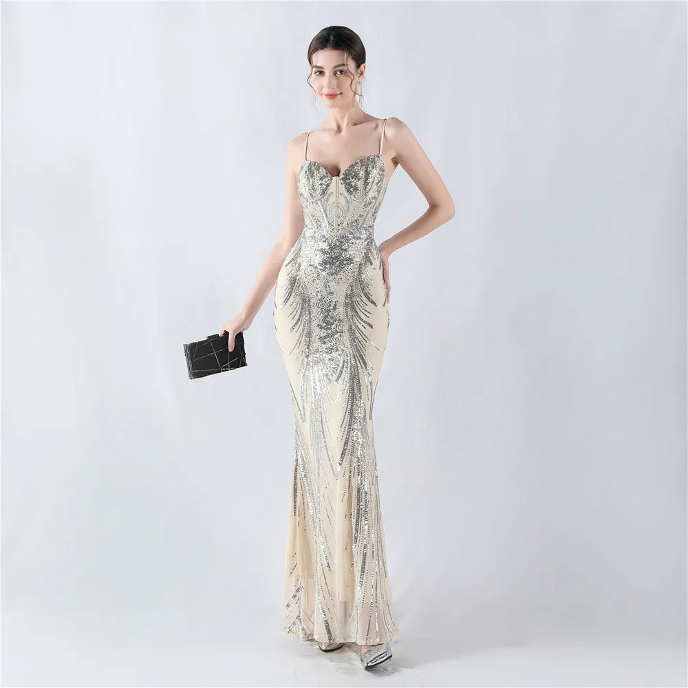 S-2XL Sling Mermaid Skirt Wholesale Sequined Evening Dress Custom logo Double Layer Evening Dress Factory Directly