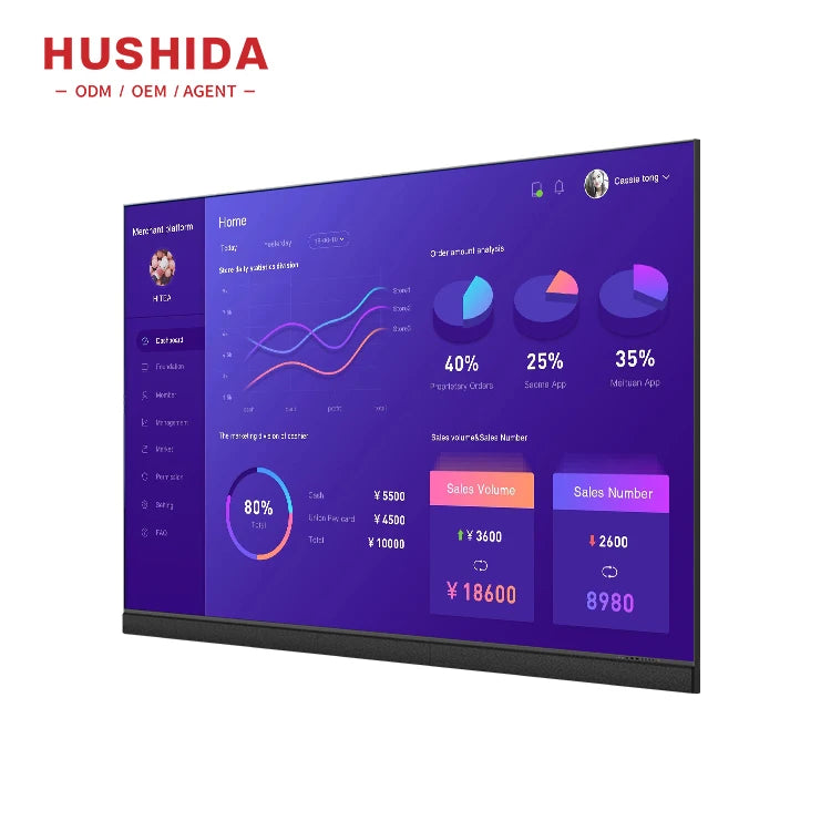 Hushida 138 150 165 180 Inch Big Interactive Flat Panel Led Display 2k Screen Portable Interactive Whiteboard Smart White Board