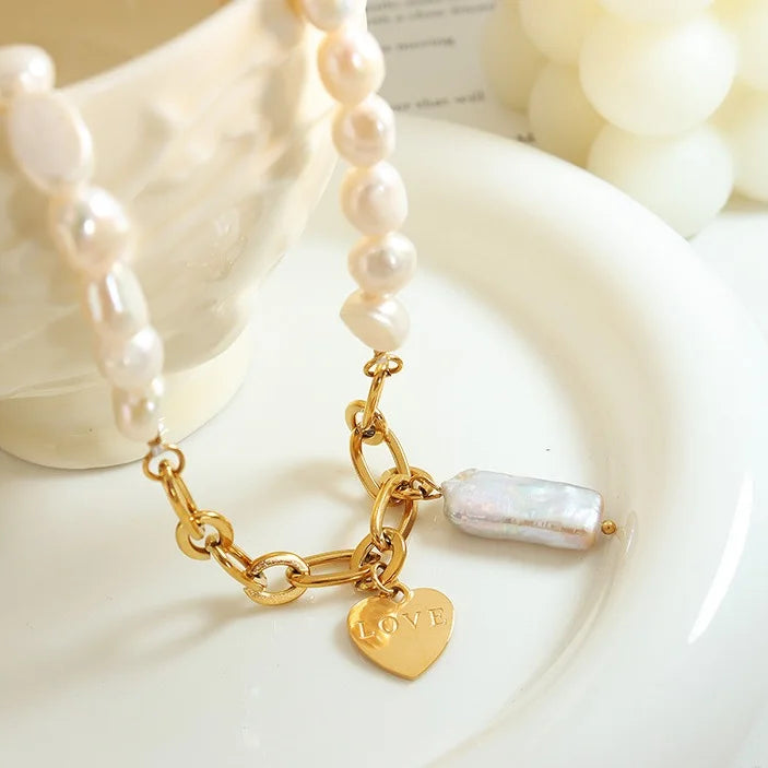 European and American Ins Net Red With the Same Half Pearl Half Chain Necklace Geometric Pendant Necklace Women's Necklace