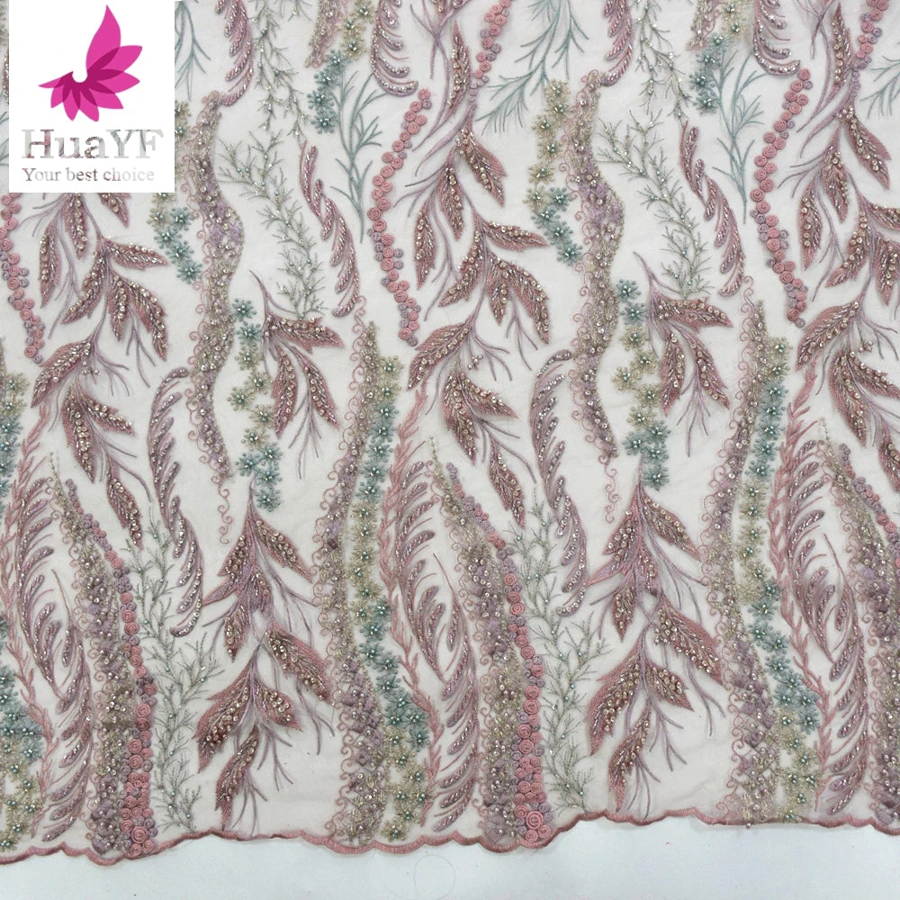3D Floral African Tulle Lace Embroidery Fabric Mesh Net With Beading  HY1447-8
