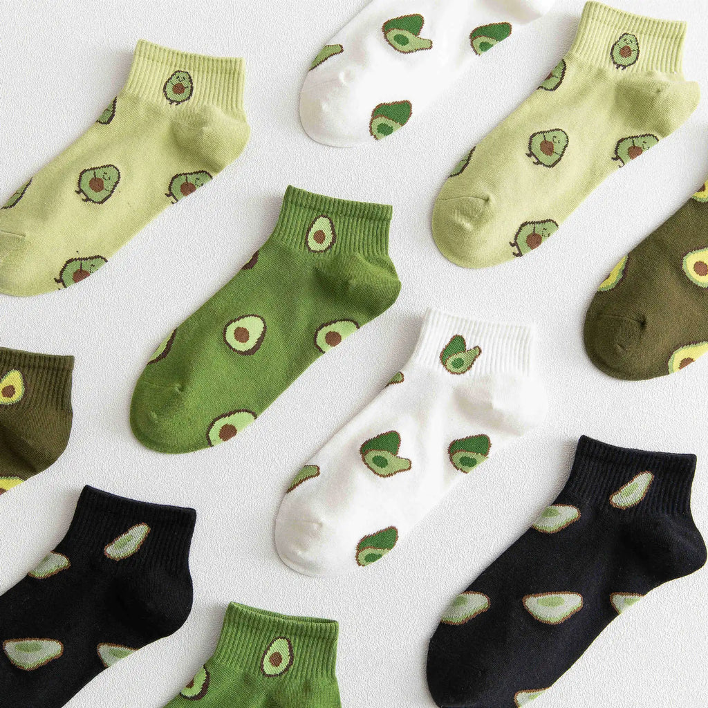 100% Cotton Women's Summer Ankle Short Socks Cute Floral Avocado Print Breathable and Anti-Slip Knitted Techniques