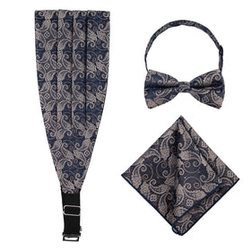 Fashion Microfiber Woven Polyester Black Paisley Cummerbund Bow Ties Pocket Square Set Men Jacquard Embroidery Durable