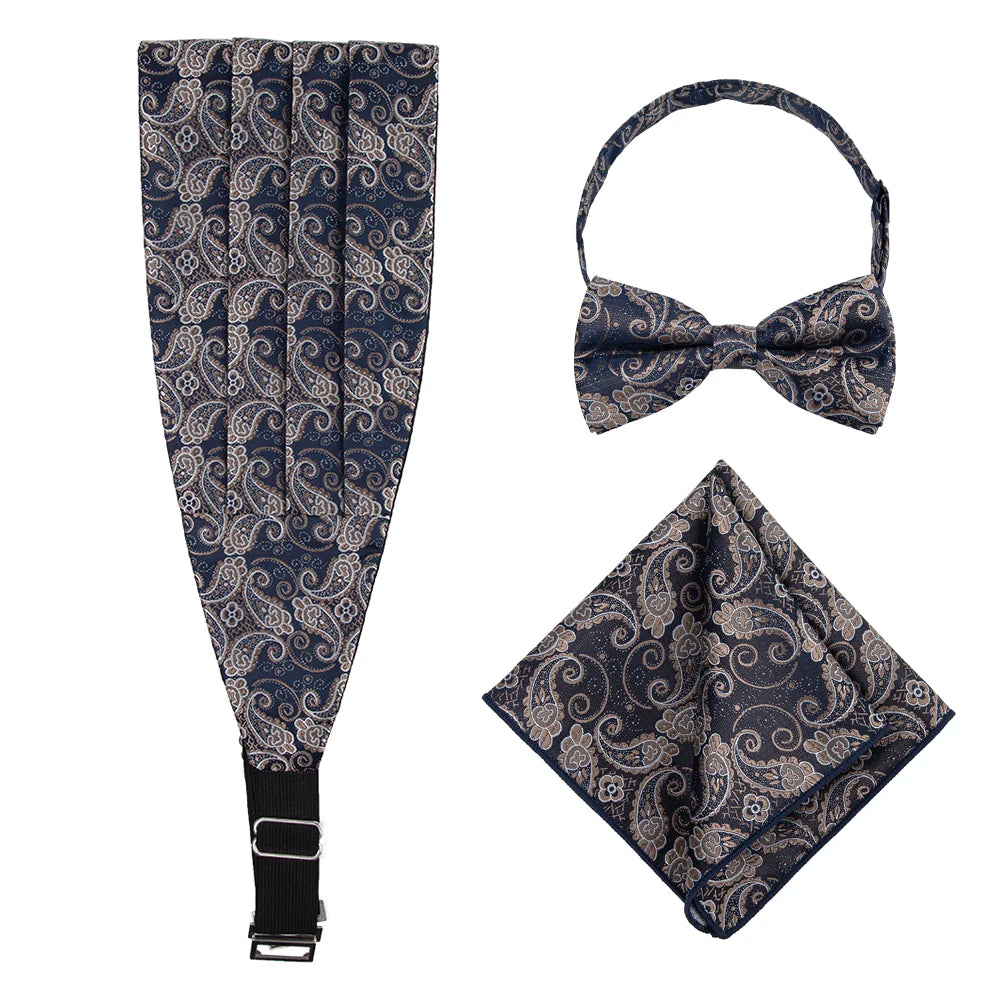 Fashion Microfiber Woven Polyester Black Paisley Cummerbund Bow Ties Pocket Square Set Men Jacquard Embroidery Durable