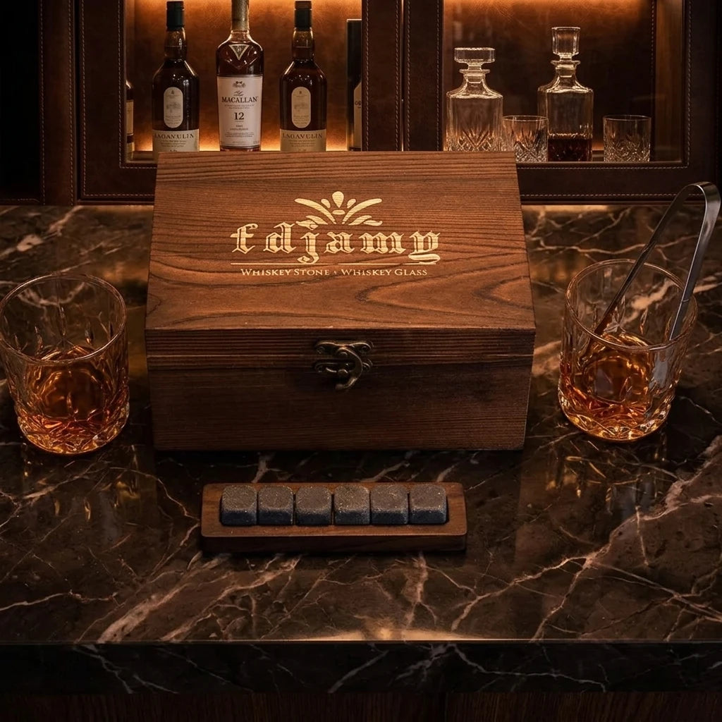 Bourbon Stone for Men Includes Old Fashioned Whiskey Glasses Eco-Friendly CE Certified Chilling Slate Coasters and Glass Box