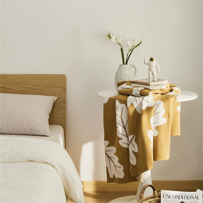 Floral Jacquard Knitted Blanket Organic Cotton Leaves Throw Blanket Travel Picnic Blankets CM for Bed Decorative