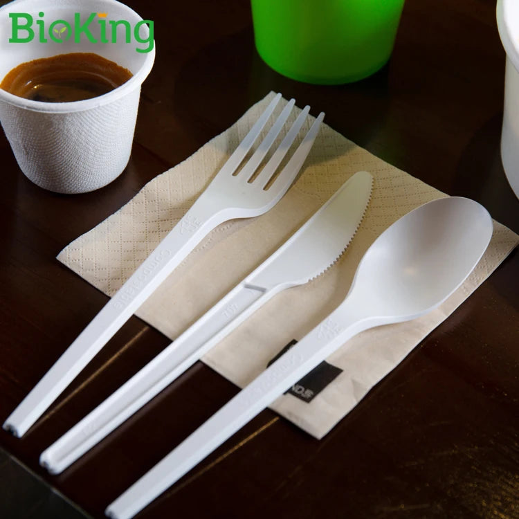 BioKing Factory Direct Sale Biodegradable Disposable Cutlery Set Bagasse PLA Fork Knife Spoon Plastic Material Eco-Friendly