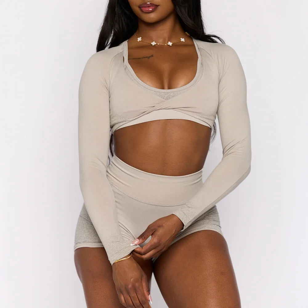 Ladies High Waist 3-Piece Yoga Set Wholesale Stretchy Fitness Crop Top & Gym Shorts Long Sleeve Breathable Solid Pattern