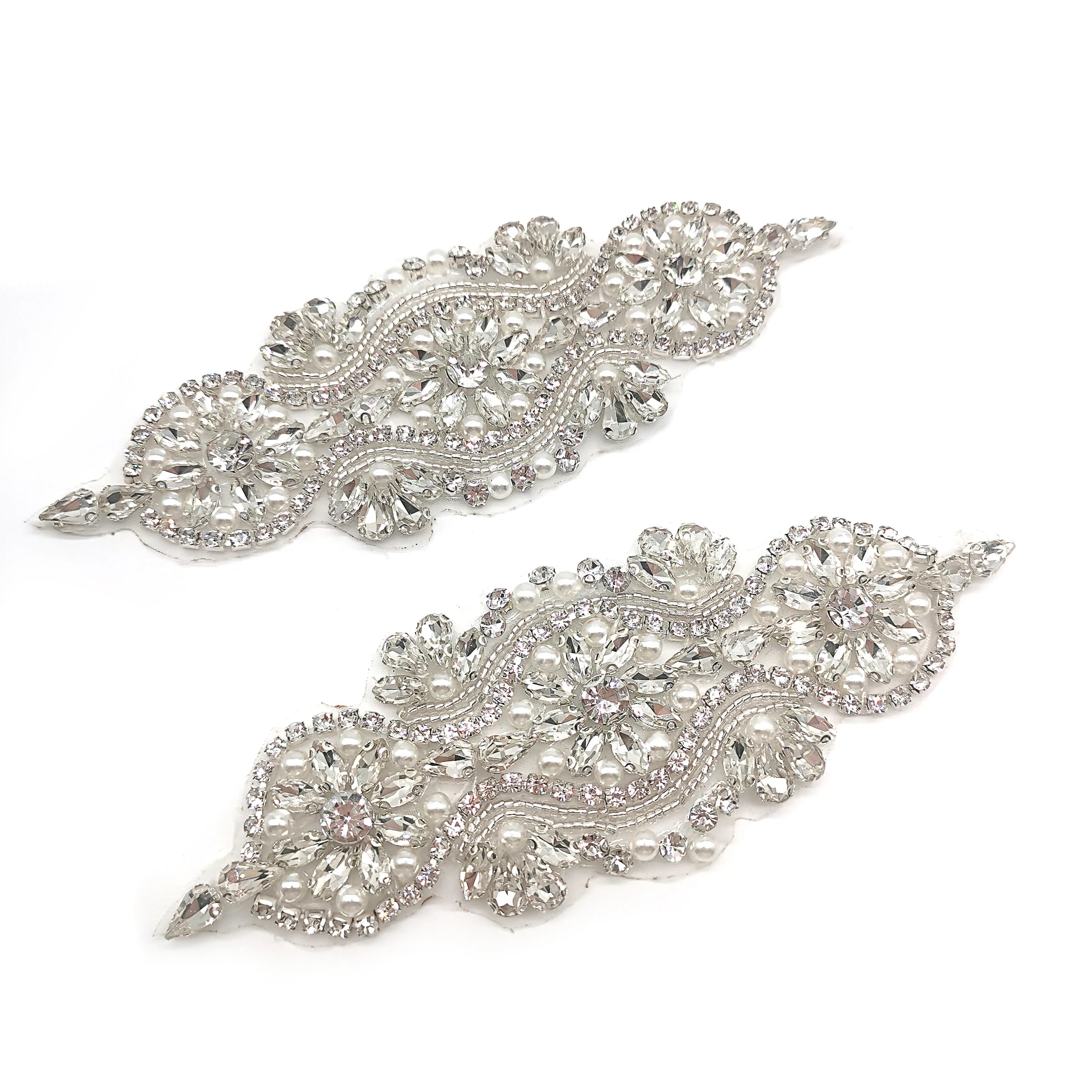 Heat Transfer Metal Crystal Rhinestone Appliques  Iron on Bridal Dress Beaded Rhinestone Pearl Applique Wholesale
