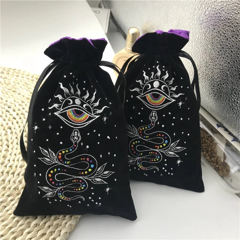 Satin Lined Luxury Embroidered logo Black Velvet Drawstring Bag for Tarot