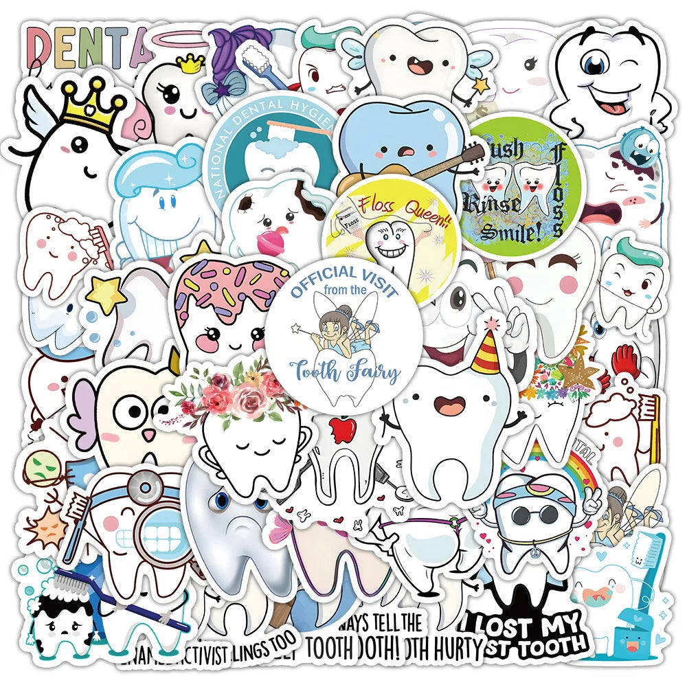 50Pcs Cartoon Tooth Oral Health Graffiti Stickers for Children Book Wall Decor Vinyl Teeth Protection Theme Sticker