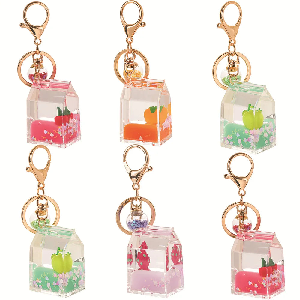 Wholesale Manufacture Acrylic Keyring Plastic Personalized Cute Floating Quicksand Milk Box Liquid Glitter Keychain