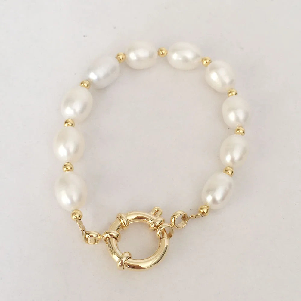 100% Nature Freshwater Pearl Bracelet7.3-8.3 mm Rice Pearl Bracelet Stainless Steel Sailor Clasp18k Gold Platinggood Quality