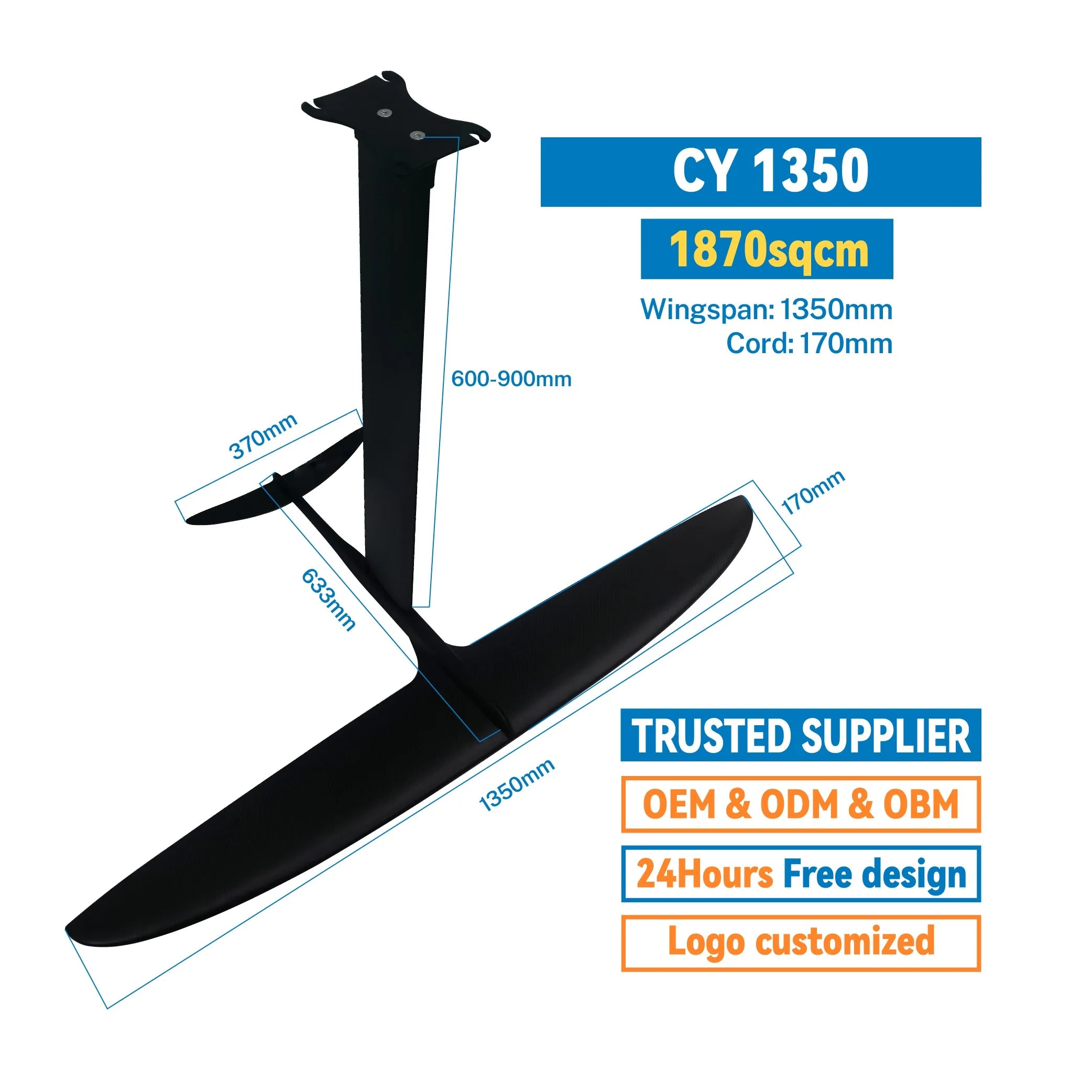 CY 1350 Unisex High Performance Hydrofoil Self-Design Fuselage 1870 Sqcm Carbon Fibre + Aluminum All-Around SUP Surfing Black