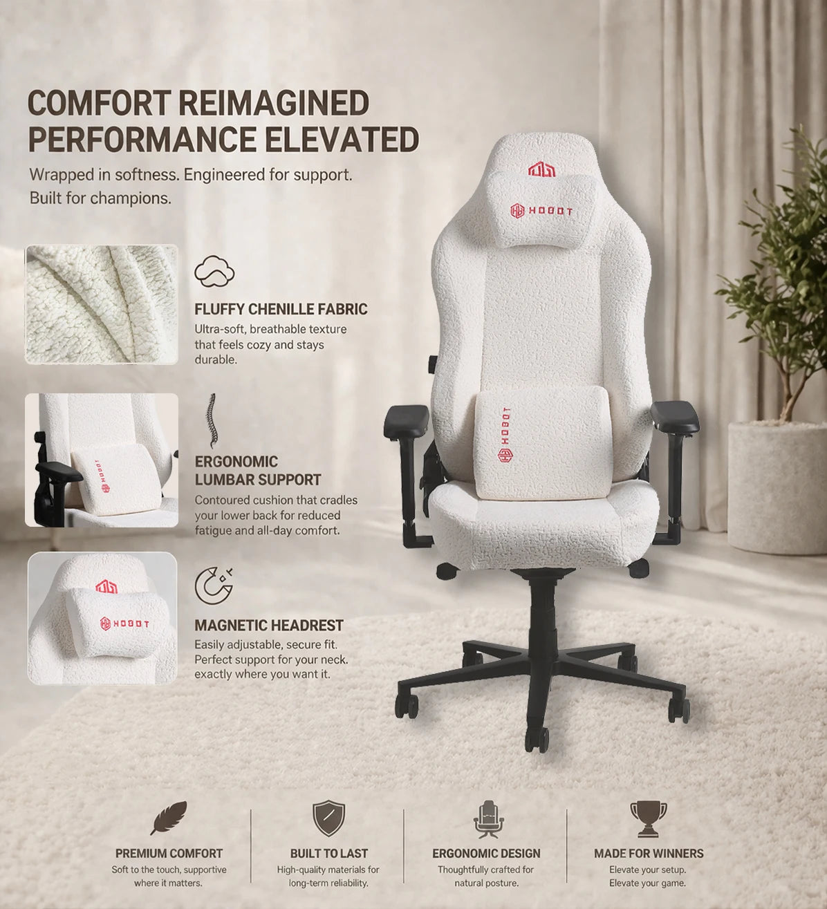 Fluffy Chenille Fabric Ergonomic Lumbar Support Adjustable Headrest for Home Game Room Gaming Chair