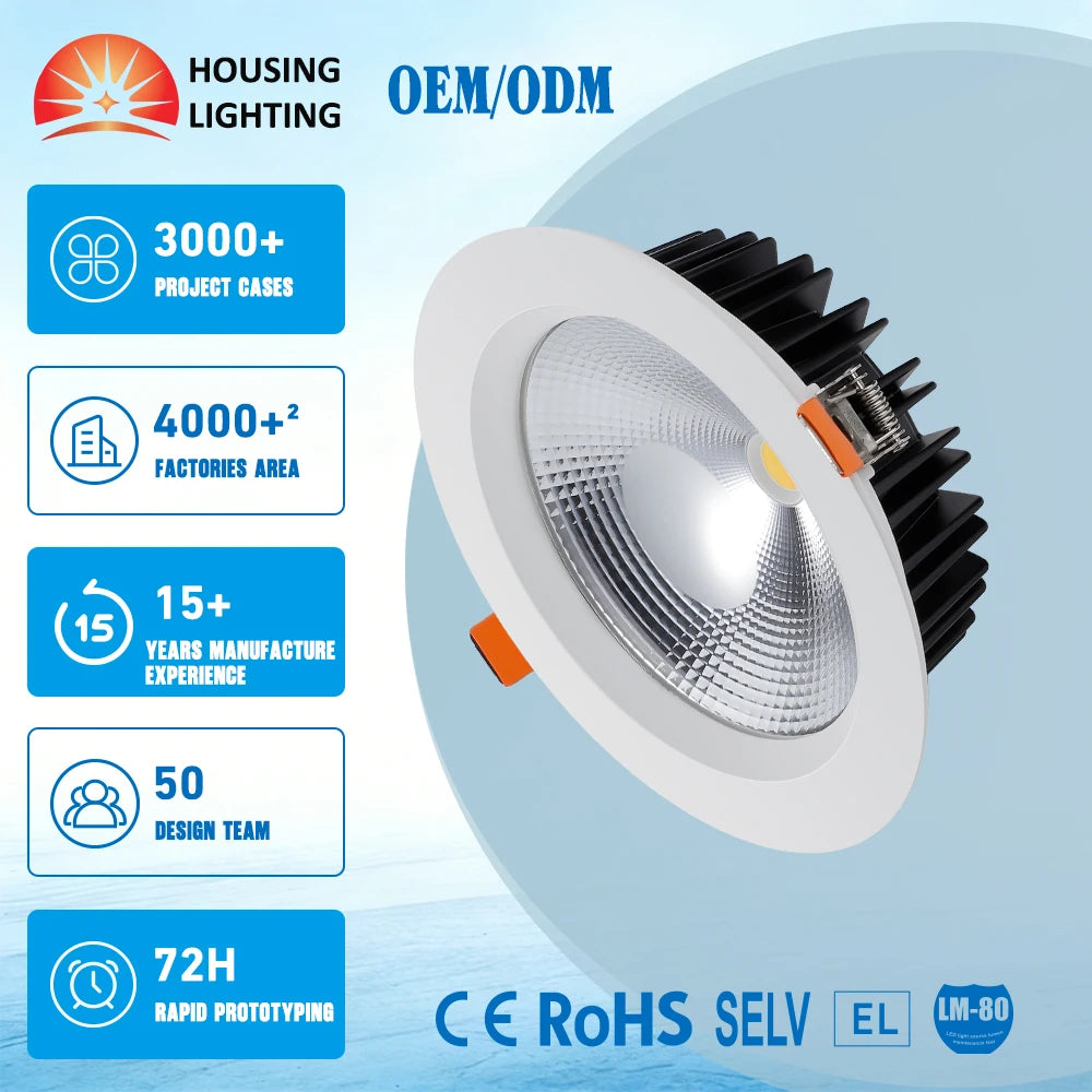 LED Cob Downlight 30 Watt 9Inch Glass Cutout 205mm Round Dimmable 220V CRI80 Down Light Recessed LED Downlight