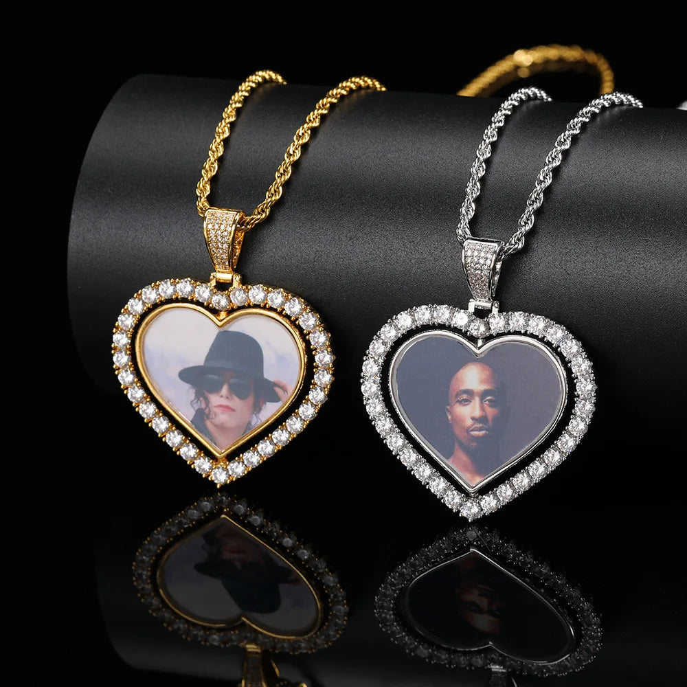 NUOYA Hip Hop Memorial Jewelry Custom Heart Photo Pendant Iced Out Diamond Picture Charm Pendant Gift for Women