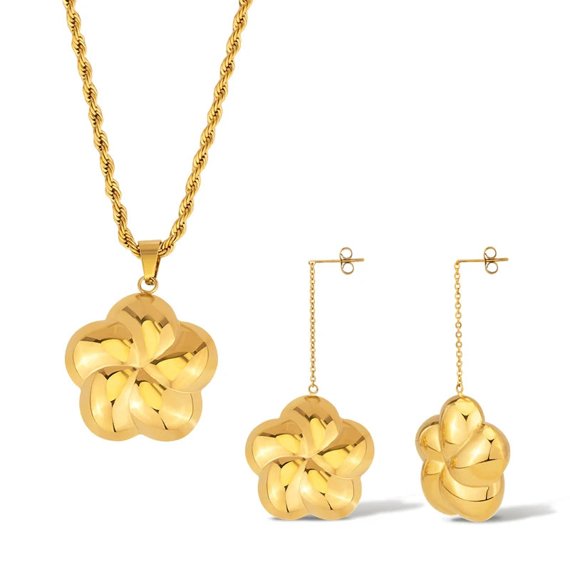 Summer Jewelry New Design 18k Gold Plated Stainless Steel Dainty Flower Charm Necklace Earring Jewelry Set