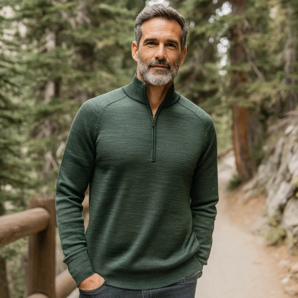 Men's Stylish Lightweight Merino Wool Quarter-Zip Pullover High Collar Sweater for Winter Layering with Front Logo