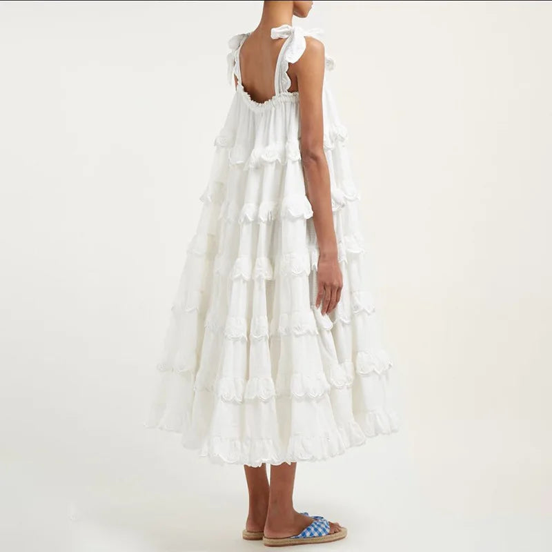 Custom Women Casual's Dress White pink Color Ruffles Suspender Sleeveless Lace Floral Embroidery Plain Plus Size Women Dresses