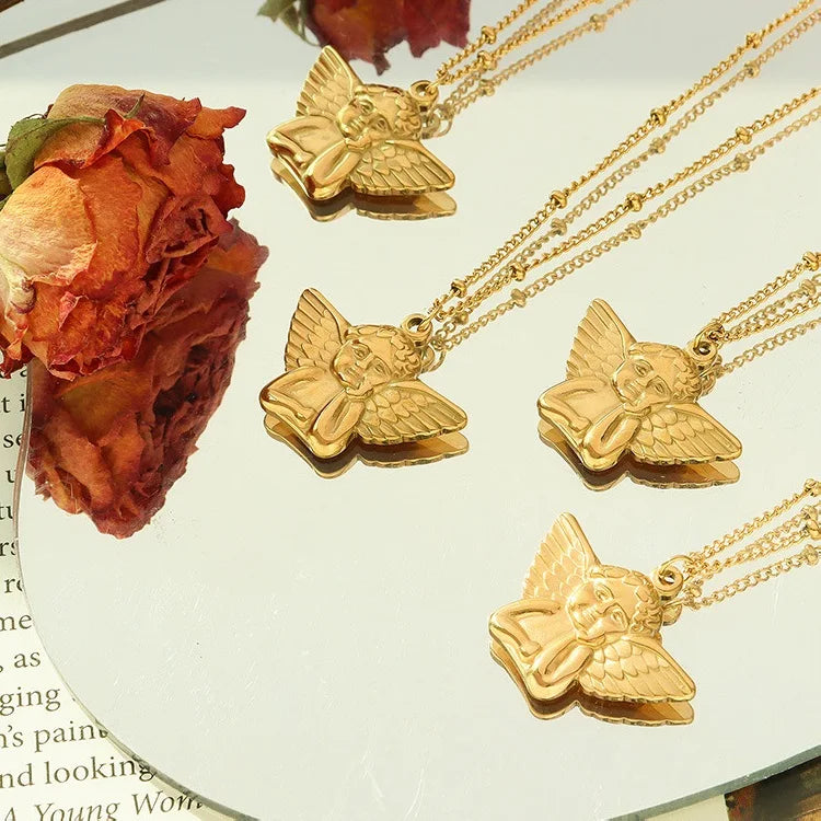 High End Polish 18k Gold Plated Hip Hop Angel Pendant Necklace Trendy Stainless Steel Jewelry Collar De Acero Inoxidable