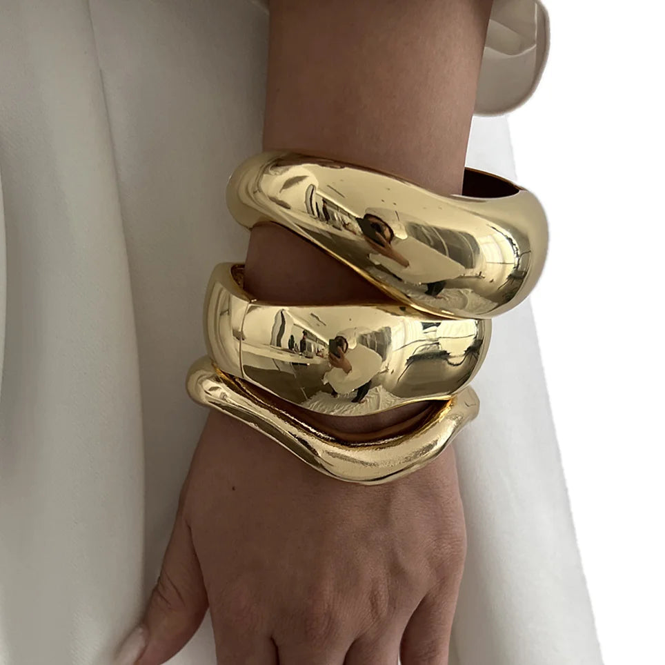 SC Jewelry Heavy Design Gold Silver Bangle Jewelry Popular Exaggerated Glossy Chunky Geometric Wide Bangle Gifts for Women